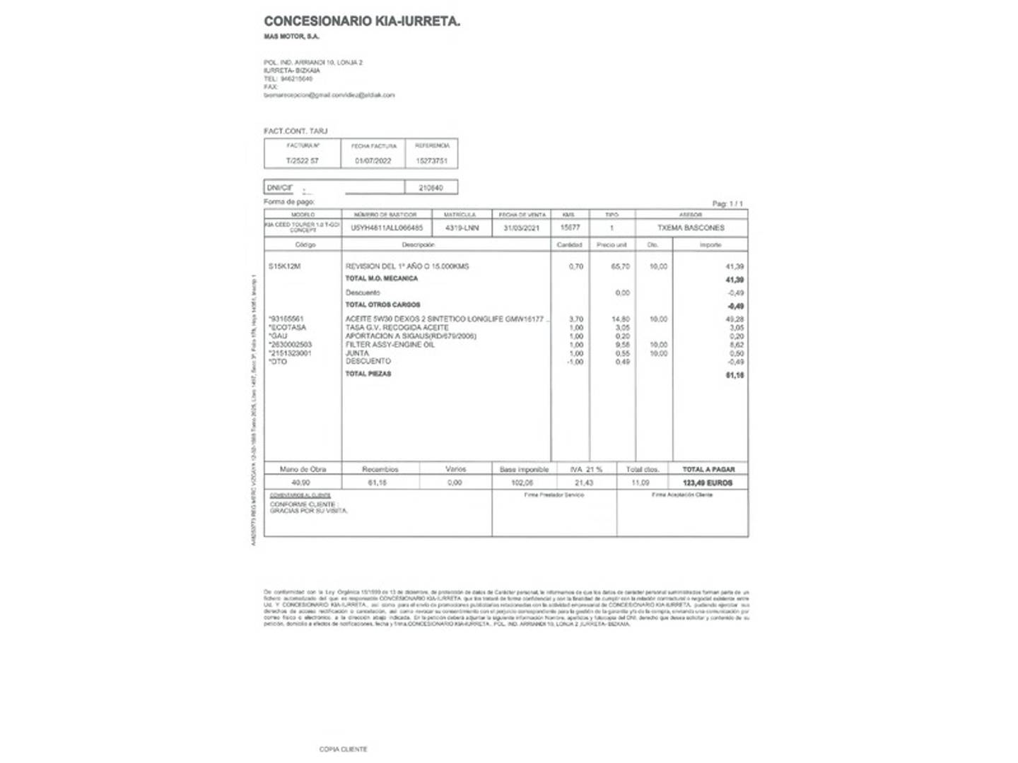 Foto del mantenimiento del KIA Ceed Tourer Kia Ceed Tourer 1.0 T-GDi Concept (120 CV)