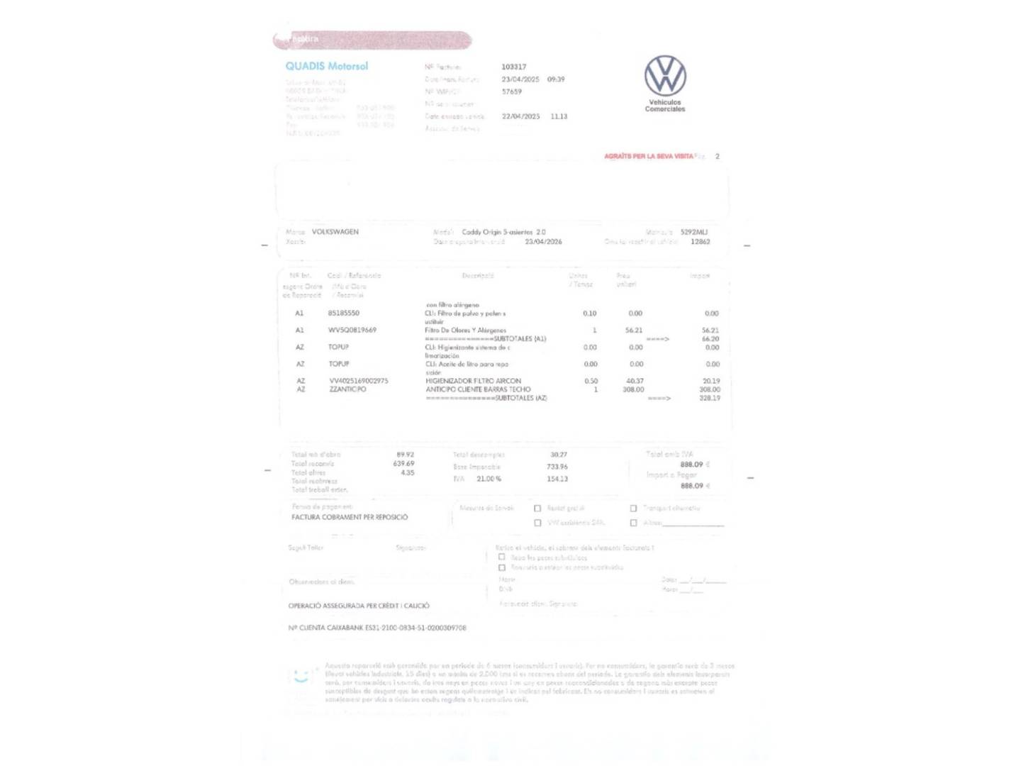 Foto del mantenimiento del Volkswagen Caddy Volkswagen Caddy Origin 2.0 TDI(122 CV) DSG