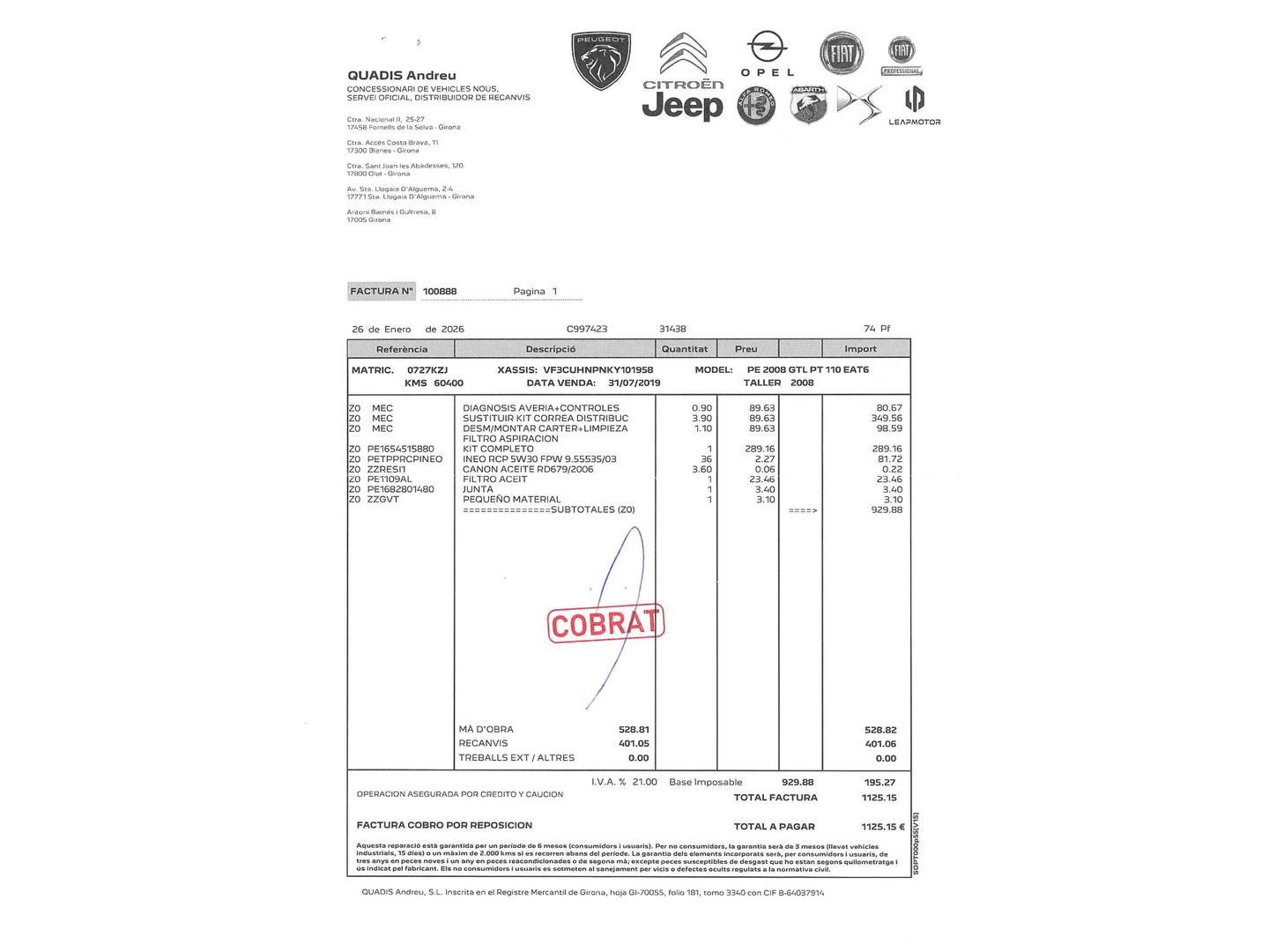 Foto del mantenimiento del Peugeot 2008 Peugeot 2008 PureTech 110 Allure EAT6 (110 CV)
