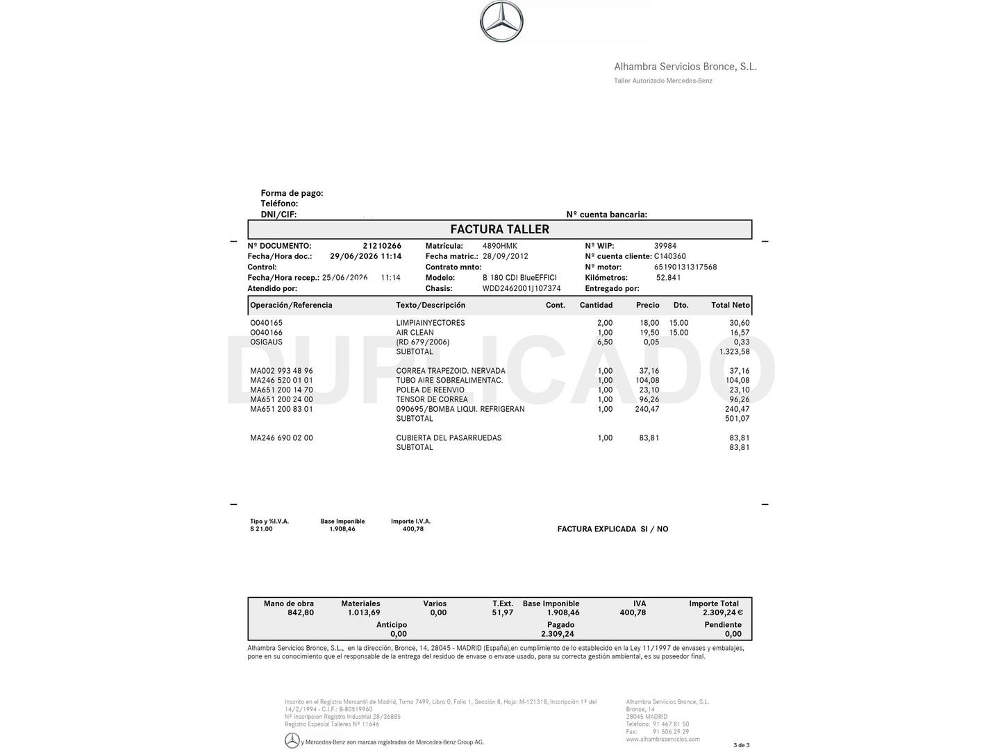 Foto del mantenimiento del Mercedes Clase B Mercedes Clase B B 180 CDI (109 CV)