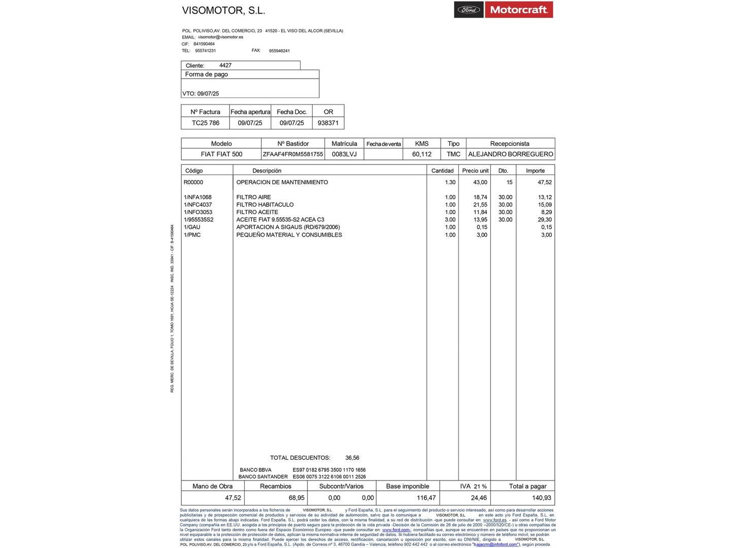 Foto del mantenimiento del Fiat 500L Fiat 500L 1.4 16v Cross (95 CV)