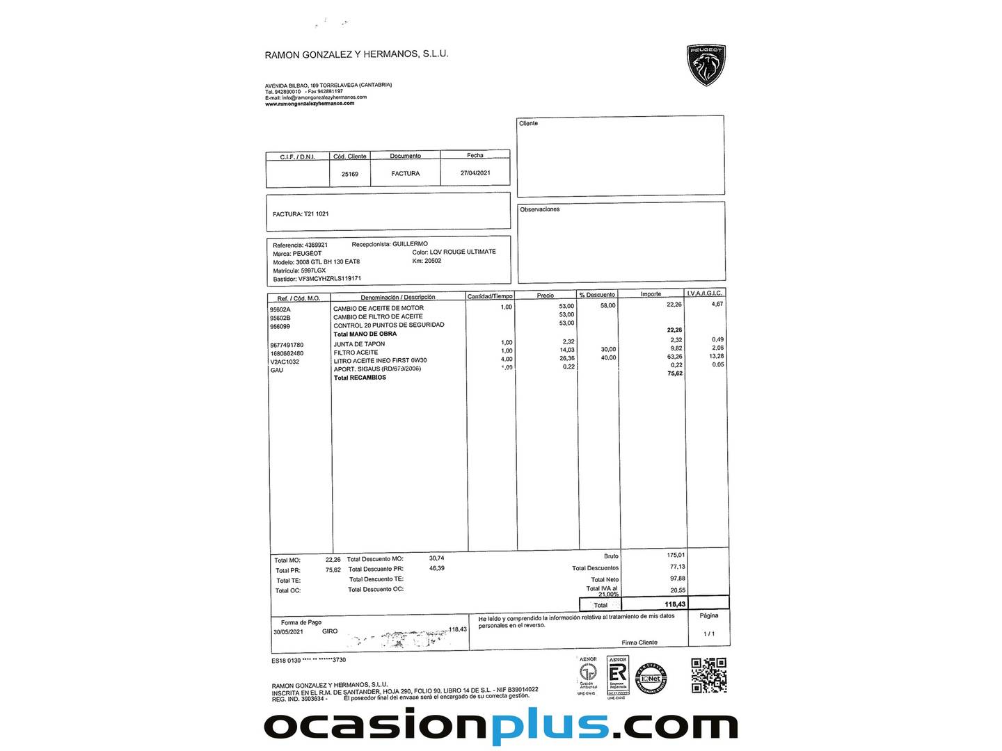 Foto del mantenimiento del Peugeot 3008 Peugeot 3008 BlueHDI 130 S&S GT Line EAT8 (130 CV)