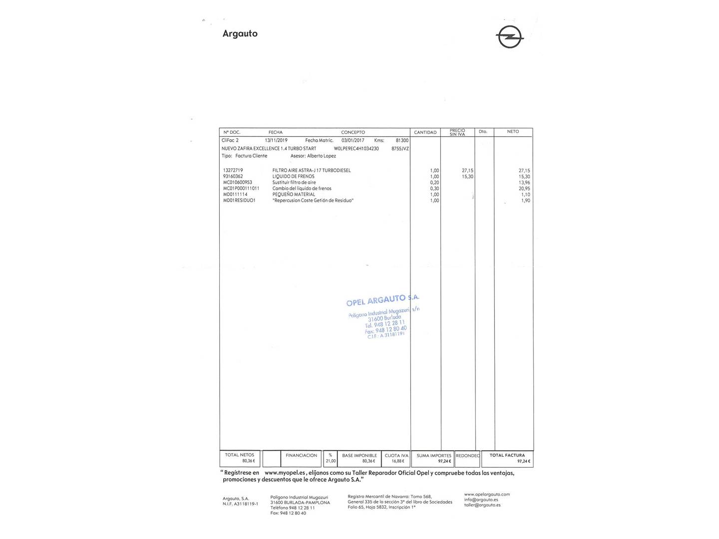 Foto del mantenimiento del Opel Zafira Tourer Opel Zafira Tourer 1.4 Turbo S&S Excellence (140 CV)