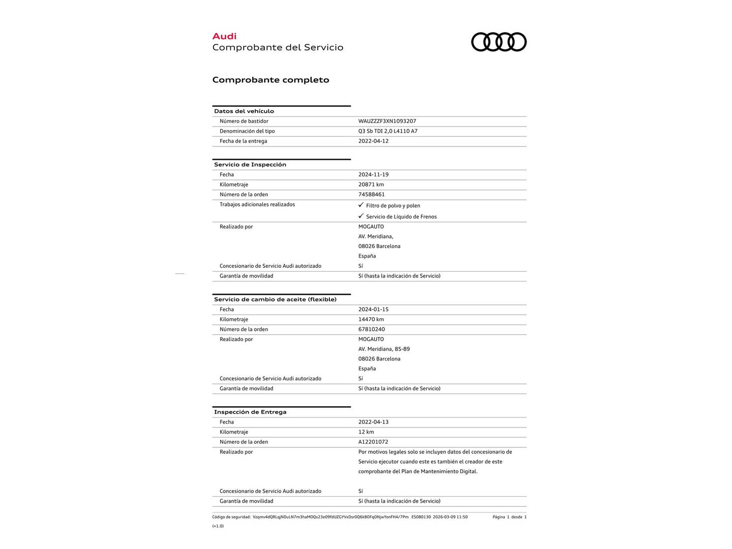 Foto del mantenimiento del Audi Q3 Sportback Audi Q3 Sportback S line 35 TDI (150 CV) S tronic