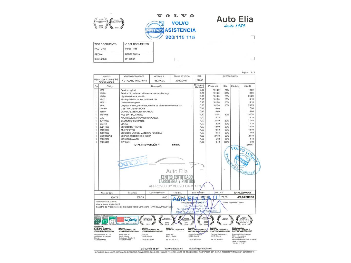 Foto del mantenimiento del Volvo V60 Cross Country Volvo V60 Cross Country D3 Kinetic (150 CV)