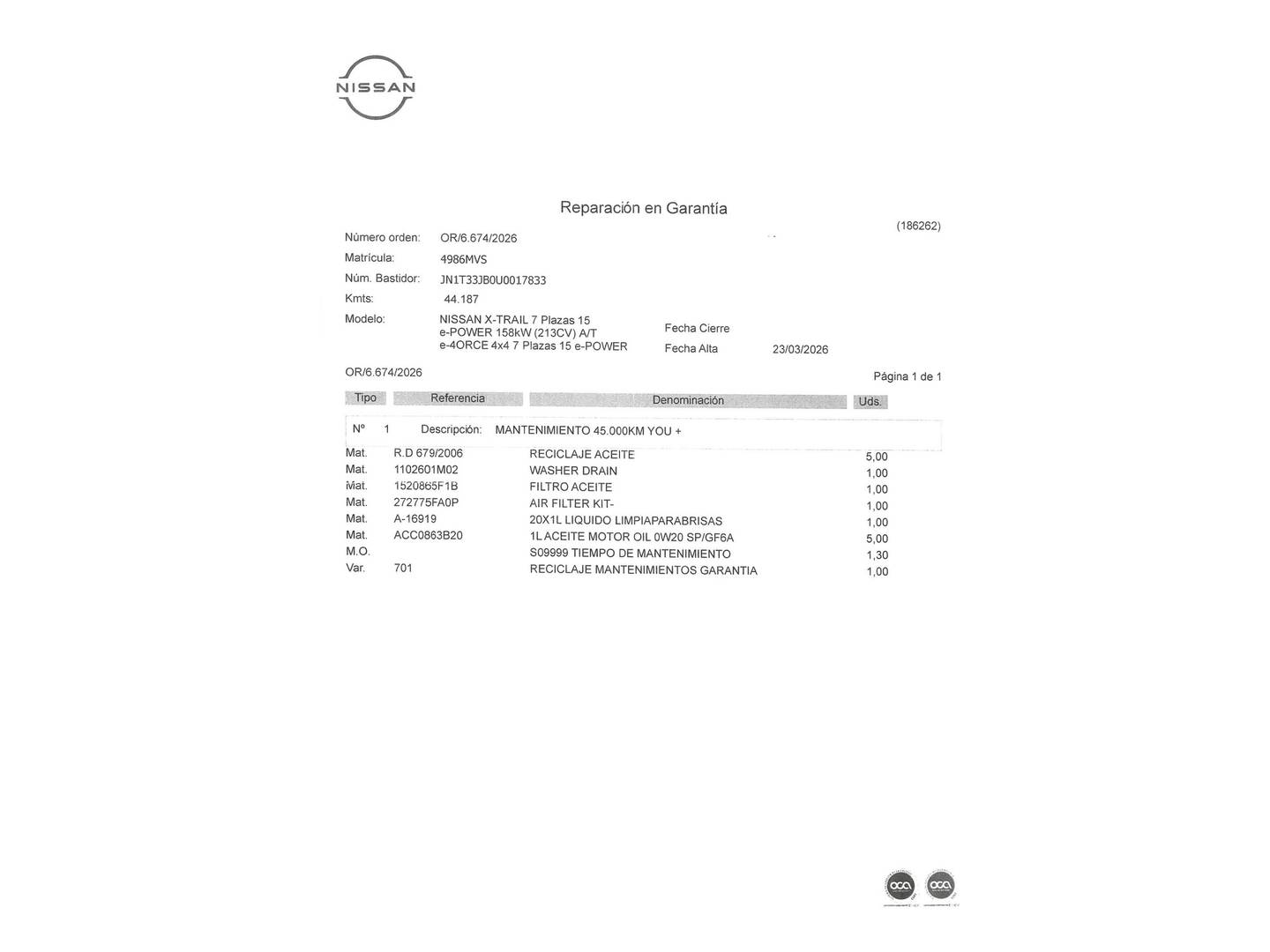 Foto del mantenimiento del Nissan X-TRAIL Nissan X-Trail 1.5 e-4ORCE Tekna+ 4x4 A/T (213 CV)