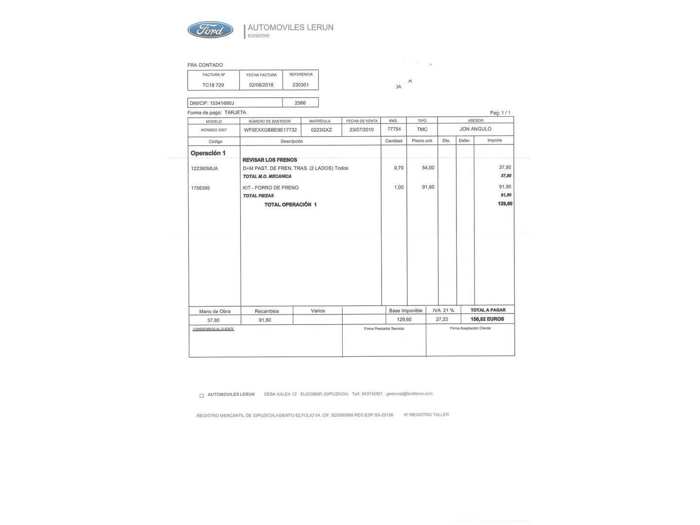 Foto del mantenimiento del Ford Mondeo Ford Mondeo Mondeo 1.8 TDCI Econetic (125 CV)