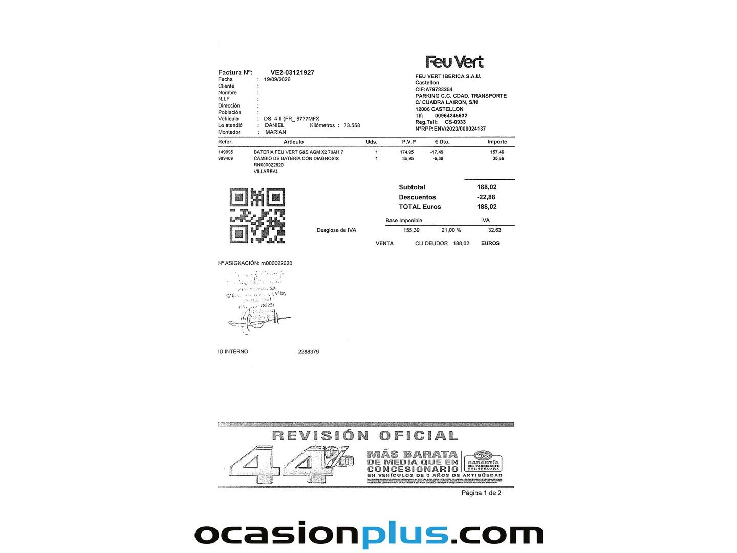 Foto del mantenimiento del DS DS 4 DS DS4 PureTech 130 Bastille Auto (130 CV)