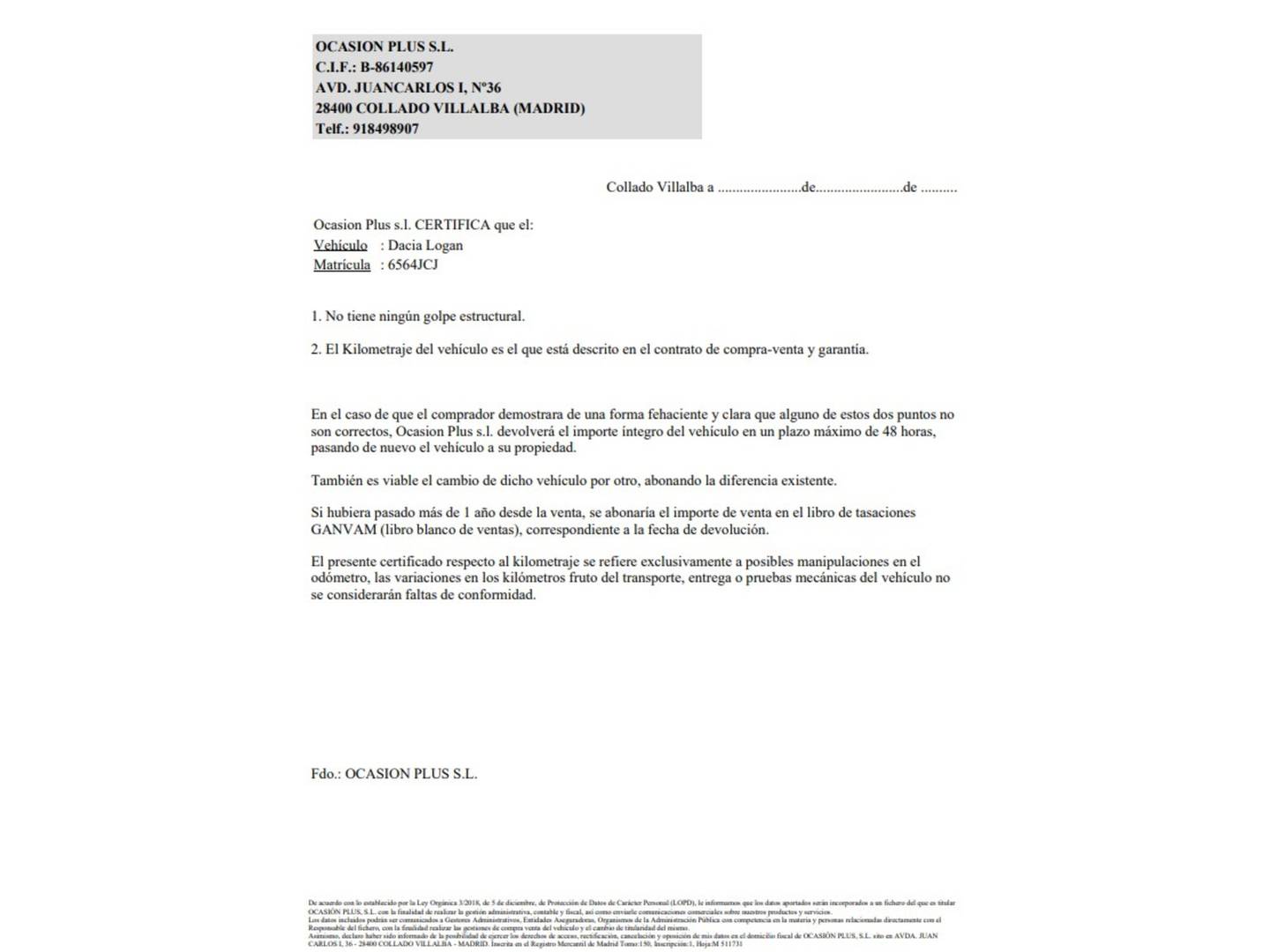 Foto del certificado del Dacia Logan Dacia Logan MCV Laureate dCi (90 CV)