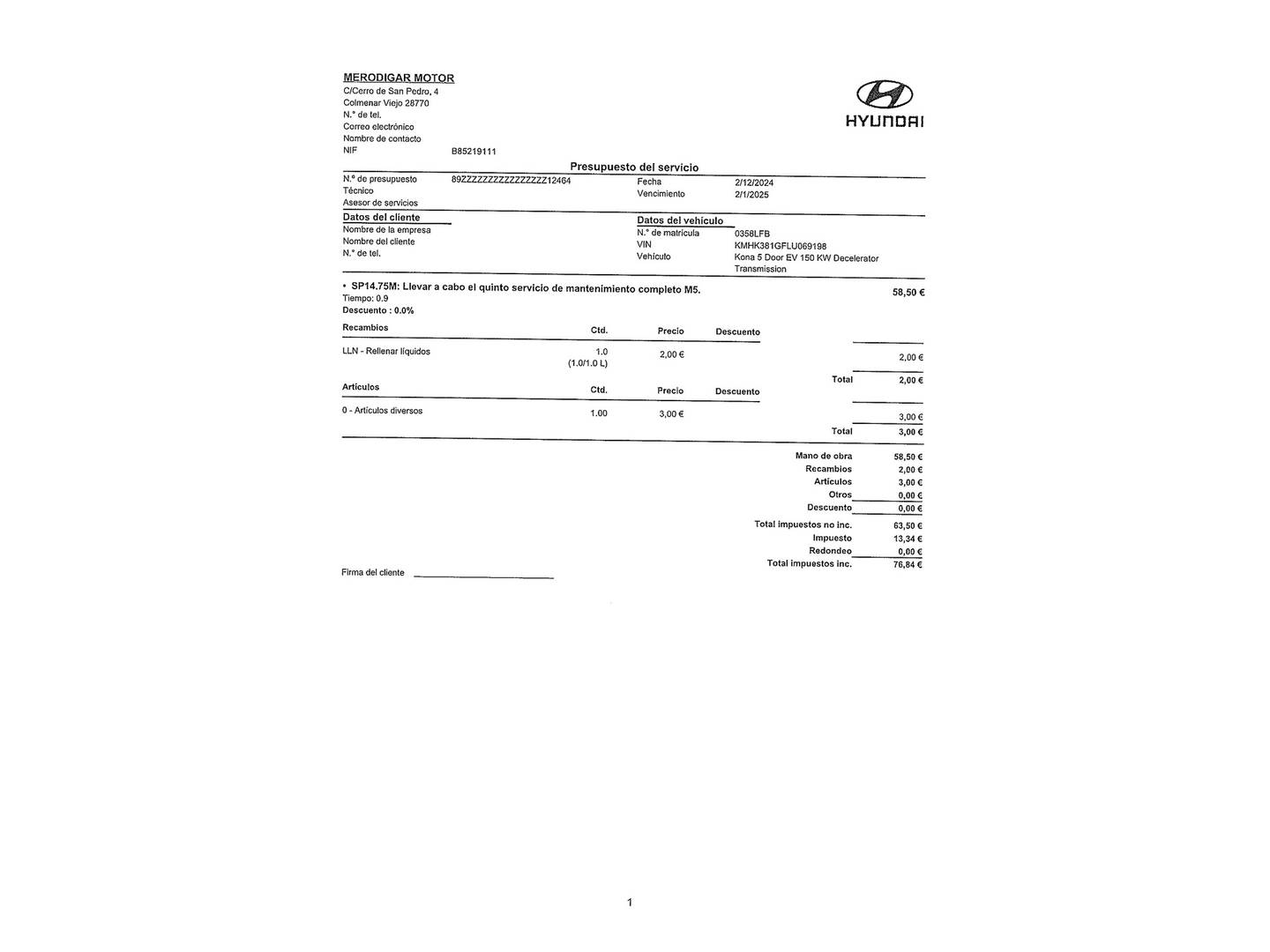 Foto del mantenimiento del Hyundai Kona Hyundai Kona EV Tecno (204 CV)