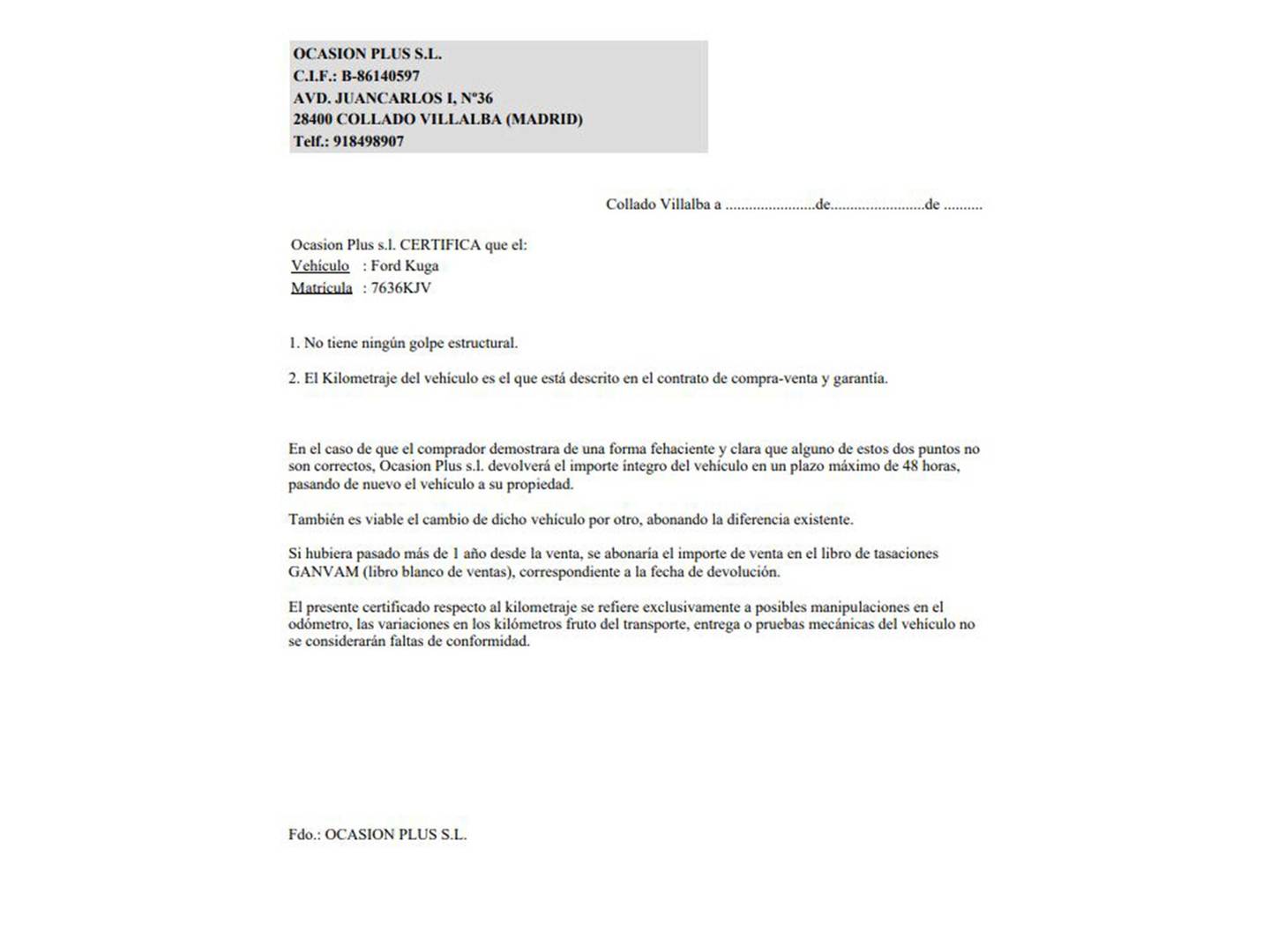 Foto del certificado del Ford Kuga Ford Kuga 1.5 EcoBoost Trend+ 4x2 (150 CV)