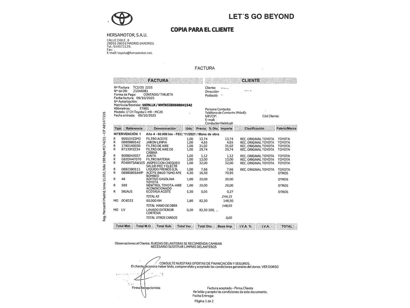 Foto del mantenimiento del Toyota C-HR Toyota C-HR 180H Advance (184 CV)