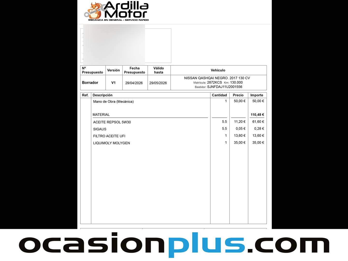 Foto del mantenimiento del Nissan QASHQAI Nissan Qashqai dCi 130 N-Connecta (130 CV)