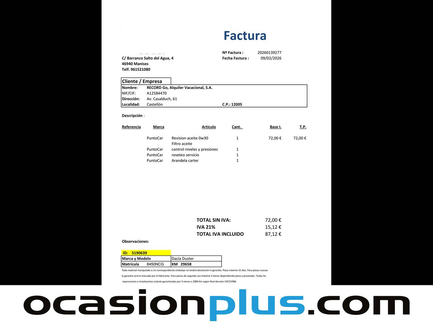 Foto del mantenimiento del Dacia Duster Dacia Duster TCE 48v 4X2 (130 CV)