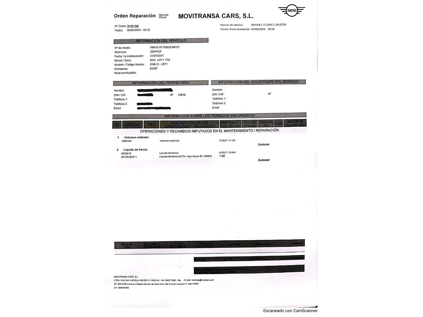 Foto del mantenimiento del Mini CLUBMAN Mini MINI Clubman One D (116 CV)