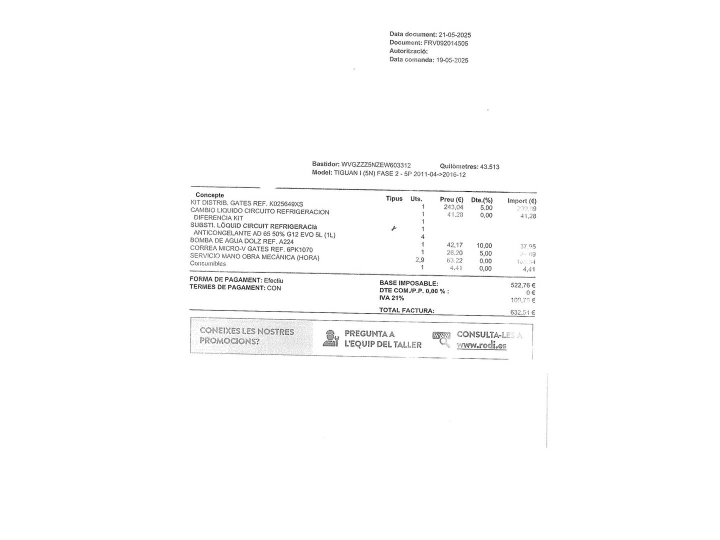 Foto del mantenimiento del Volkswagen Tiguan Volkswagen Tiguan Cross 2.0 TDI BMT 4x2 (110 CV)