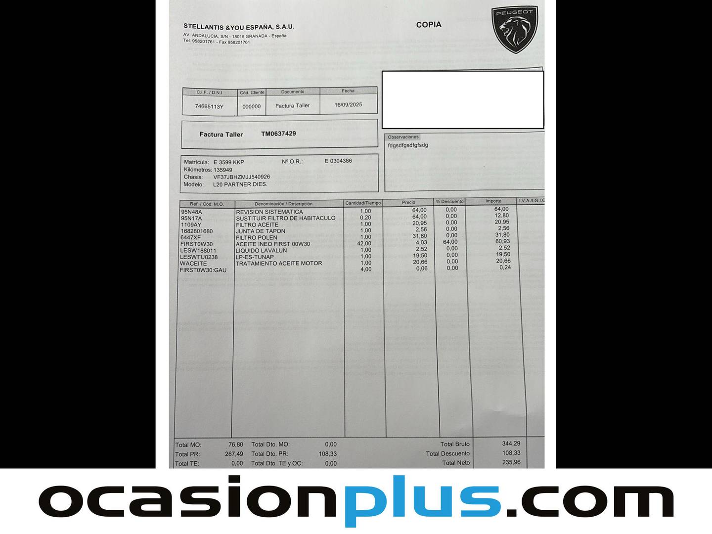 Foto del mantenimiento del Peugeot Partner Peugeot Partner Tepee Combi BlueHDI 120 Style (120 CV)