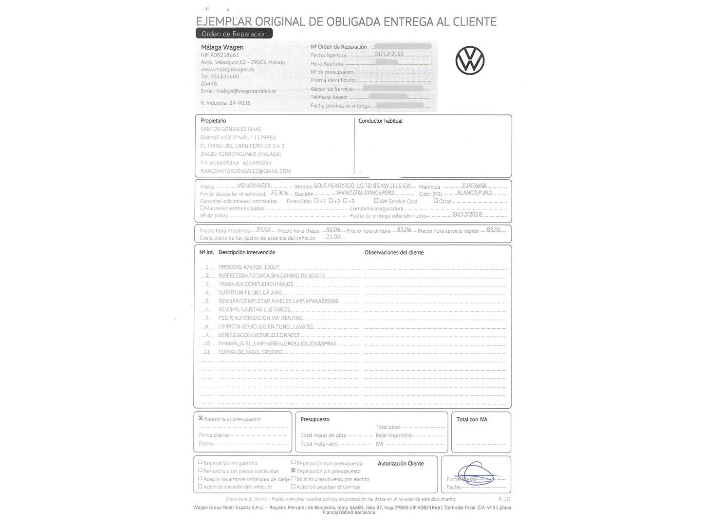 Foto del mantenimiento del Volkswagen Golf Volkswagen Golf Ready2Go 1.0 TSI (115 CV)