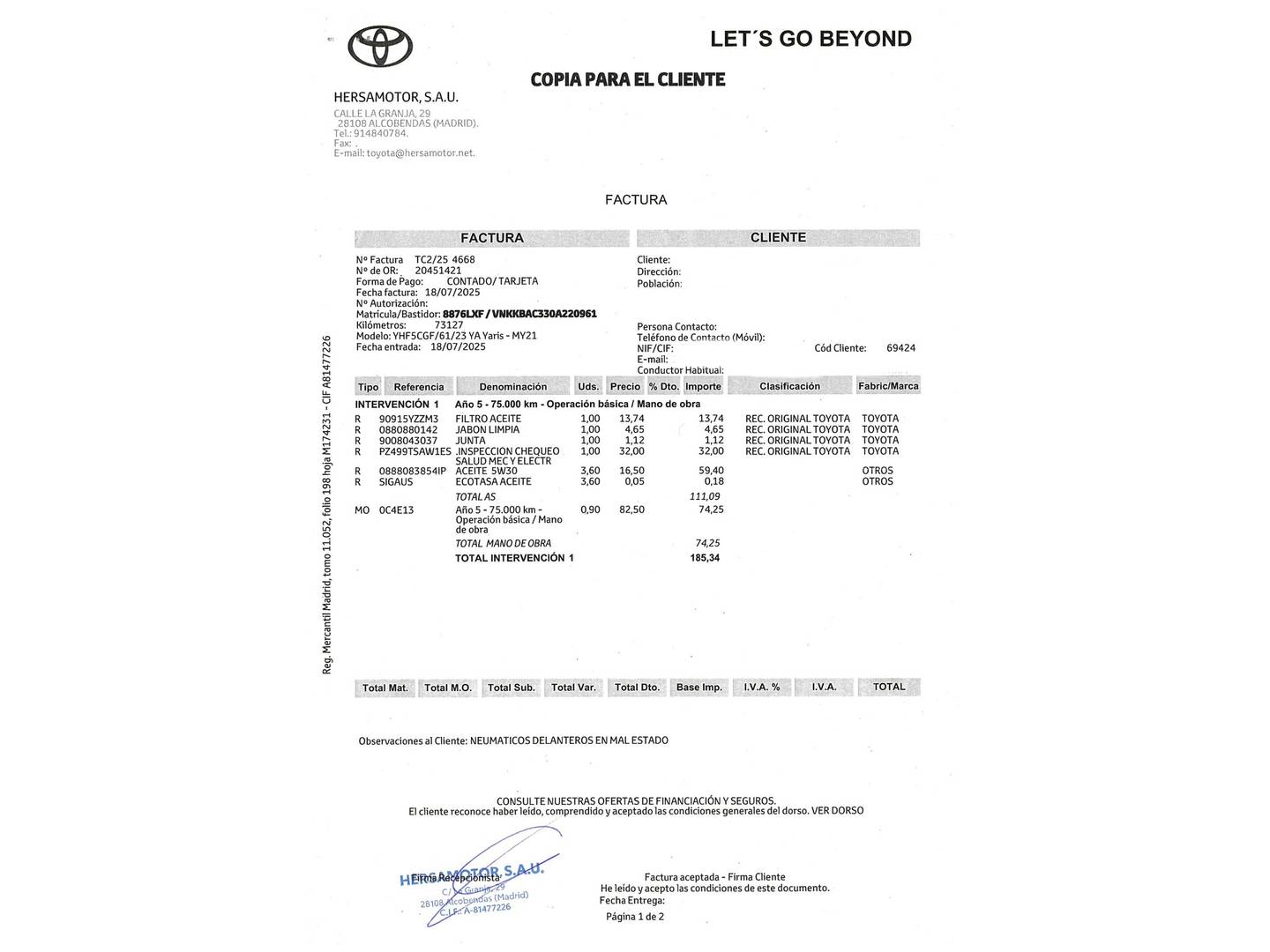 Foto del mantenimiento del Toyota Yaris Toyota Yaris 120H Style (116 CV)