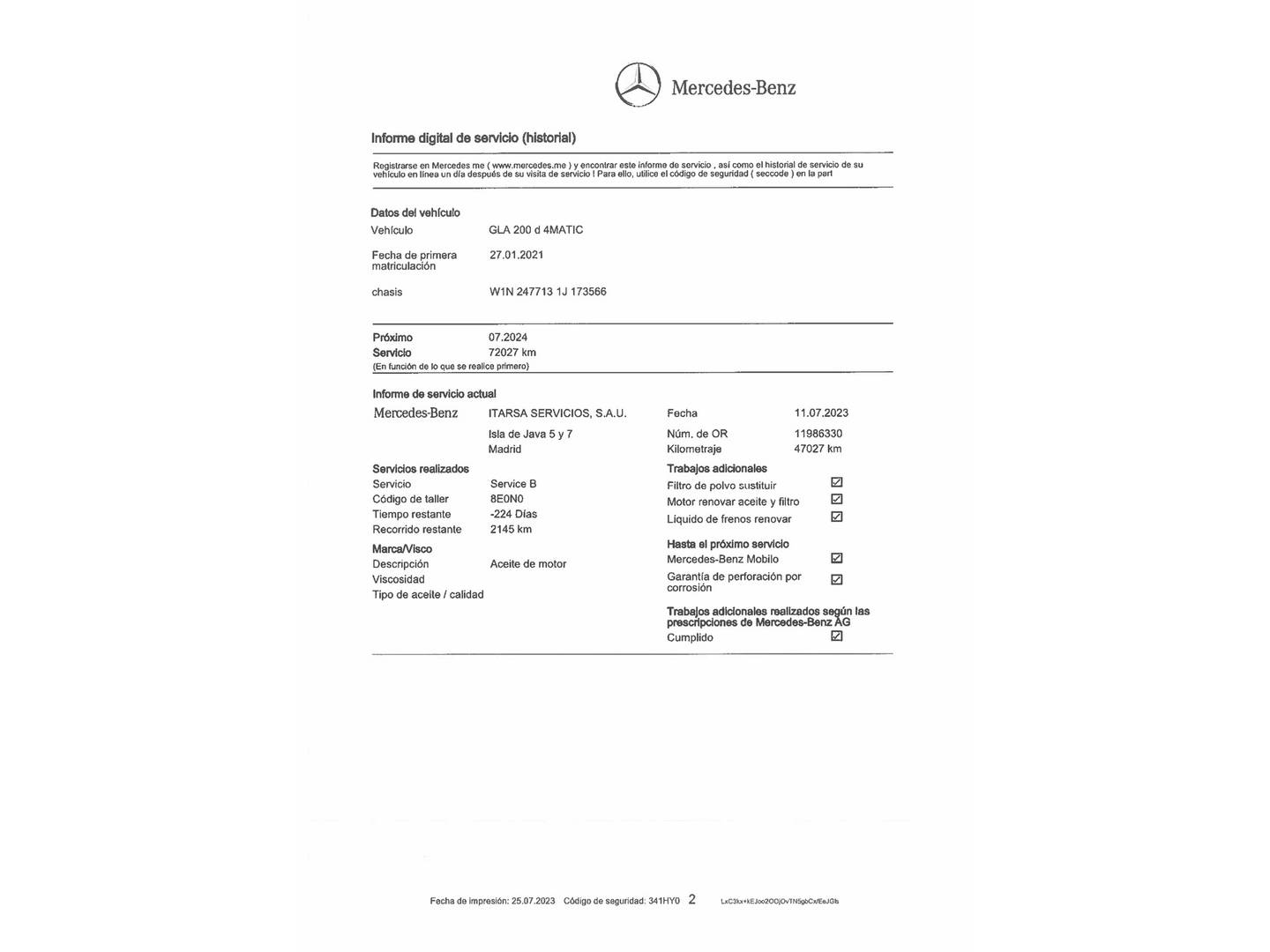 Foto del mantenimiento del Mercedes GLA Mercedes GLA 200 d 4Matic (150 CV)
