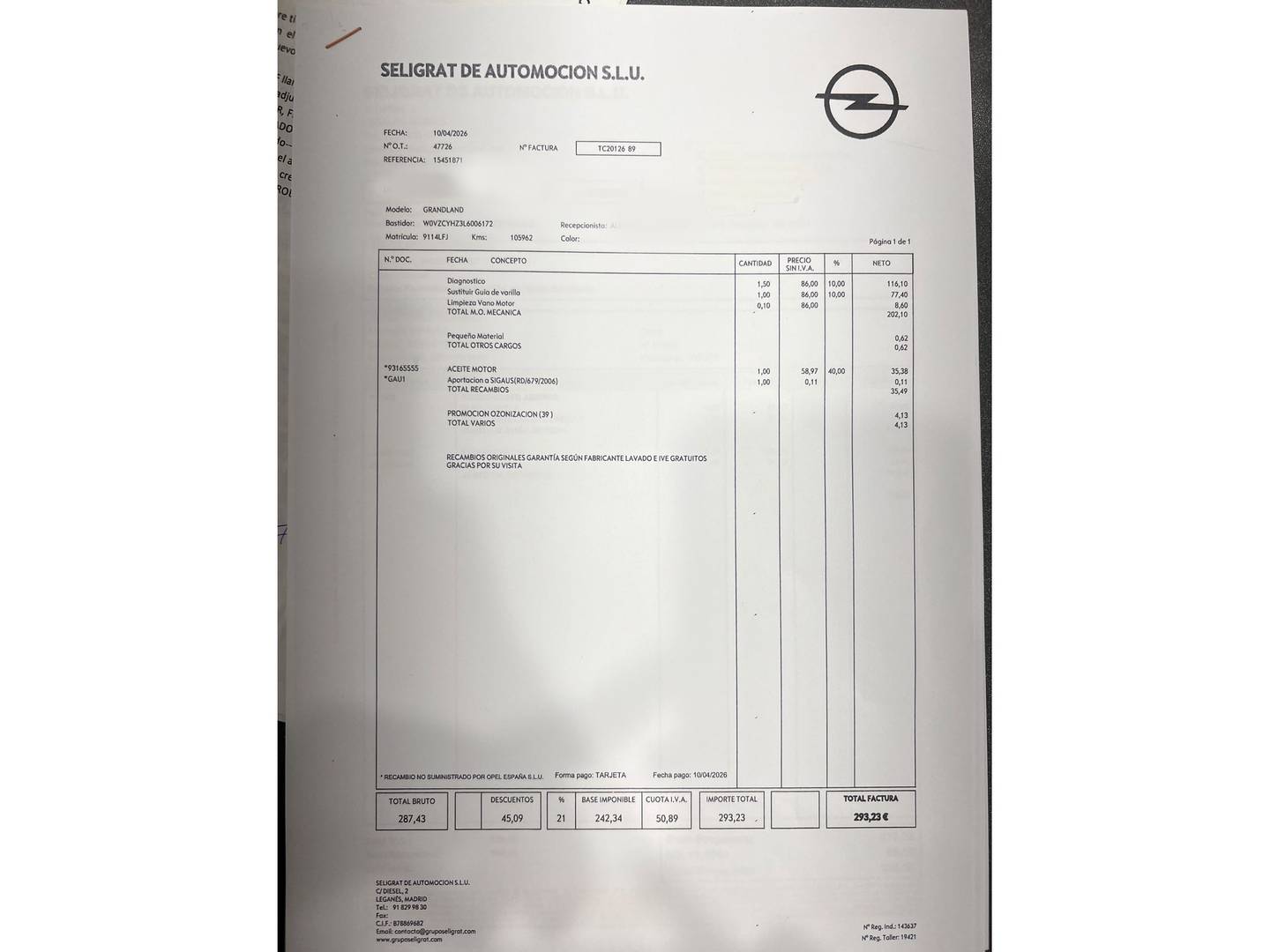 Foto del mantenimiento del Opel Grandland X Opel Grandland X 1.5 CDTi Selective (130 CV)