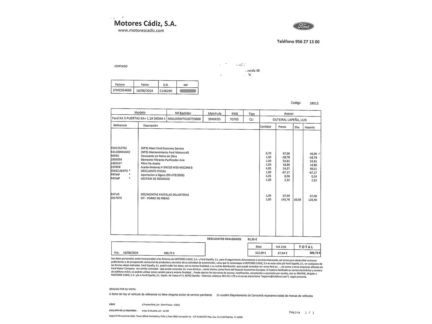 Foto del mantenimiento del Ford Ka+ Ford Ka+ 1.2 Ti-VCT Ultimate (85 CV)