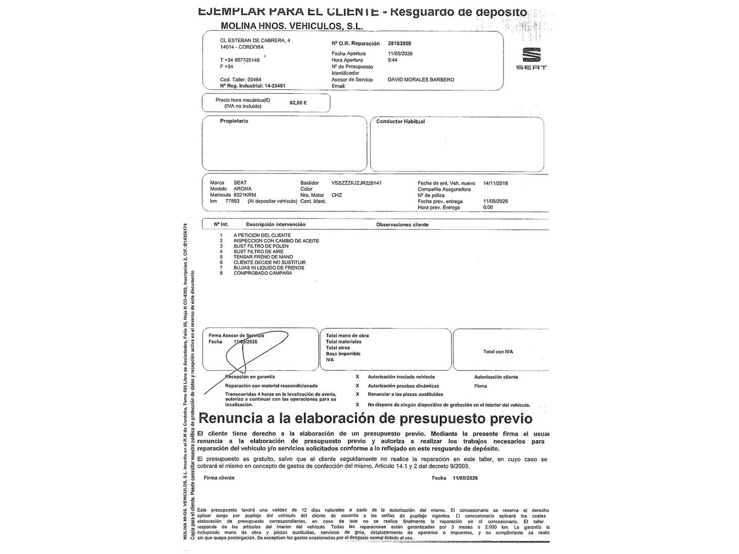 Foto del mantenimiento del Seat Arona Seat Arona 1.0 TSI Ecomotive S&S Style (95 CV)