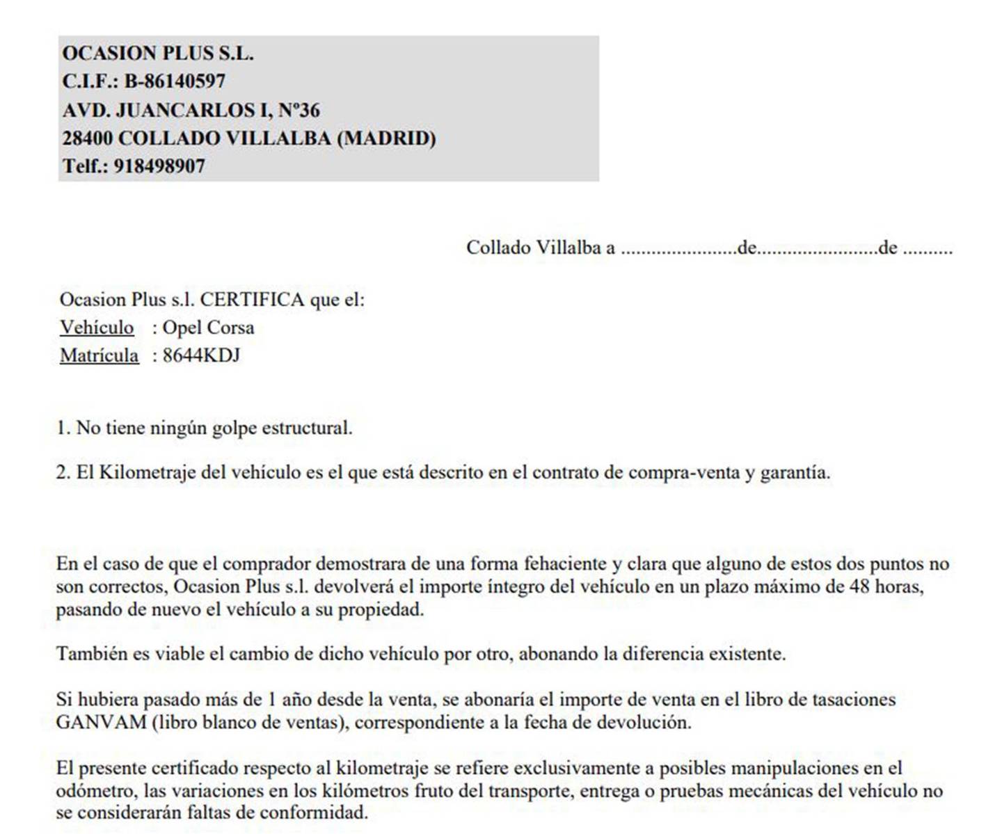 Foto del certificado del Opel Corsa Opel Corsa 1.4 GLP Selective (90 CV)