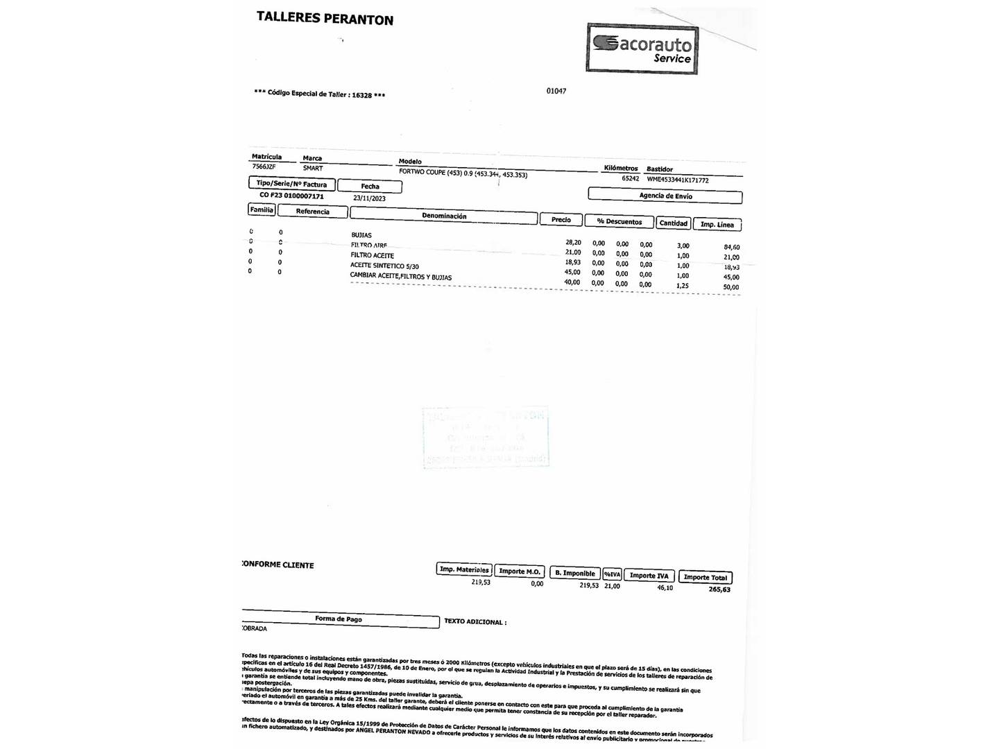 Foto del mantenimiento del Smart fortwo Smart ForTwo Coupe 66 Prime (90 CV)