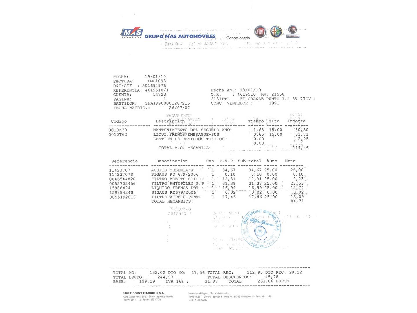 Foto del mantenimiento del Fiat Grande Punto Fiat Grande Punto 1.4 Dynamic (77 CV)