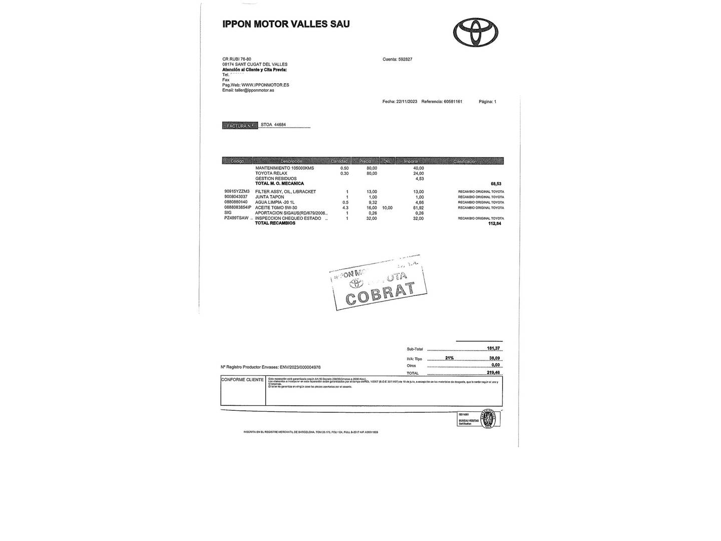 Foto del mantenimiento del Toyota Corolla Toyota Corolla 125H Active E-CVT (122 CV)