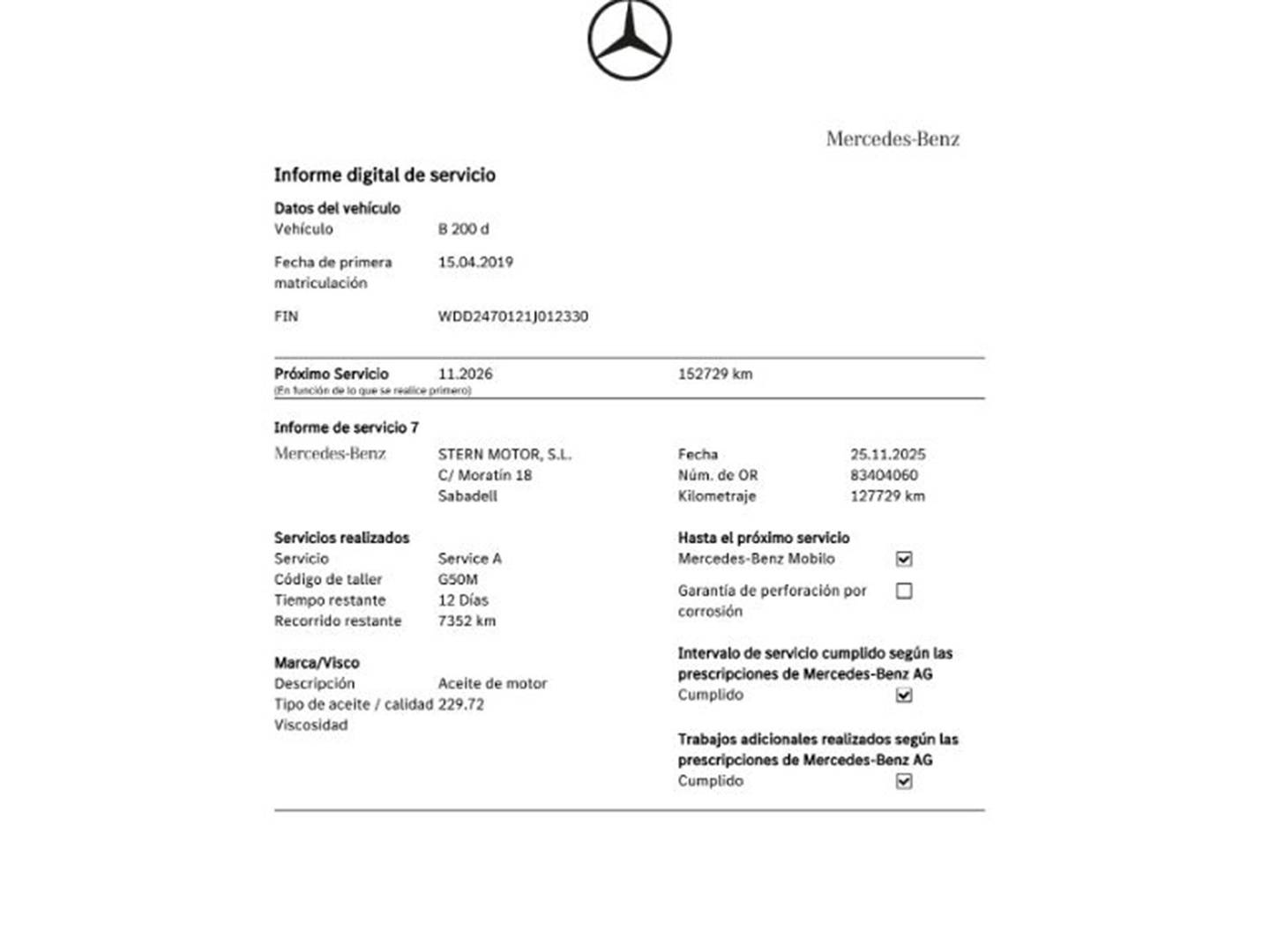 Foto del mantenimiento del Mercedes Clase B Mercedes Clase B Clase B 200 d Pack AMG (150 CV)