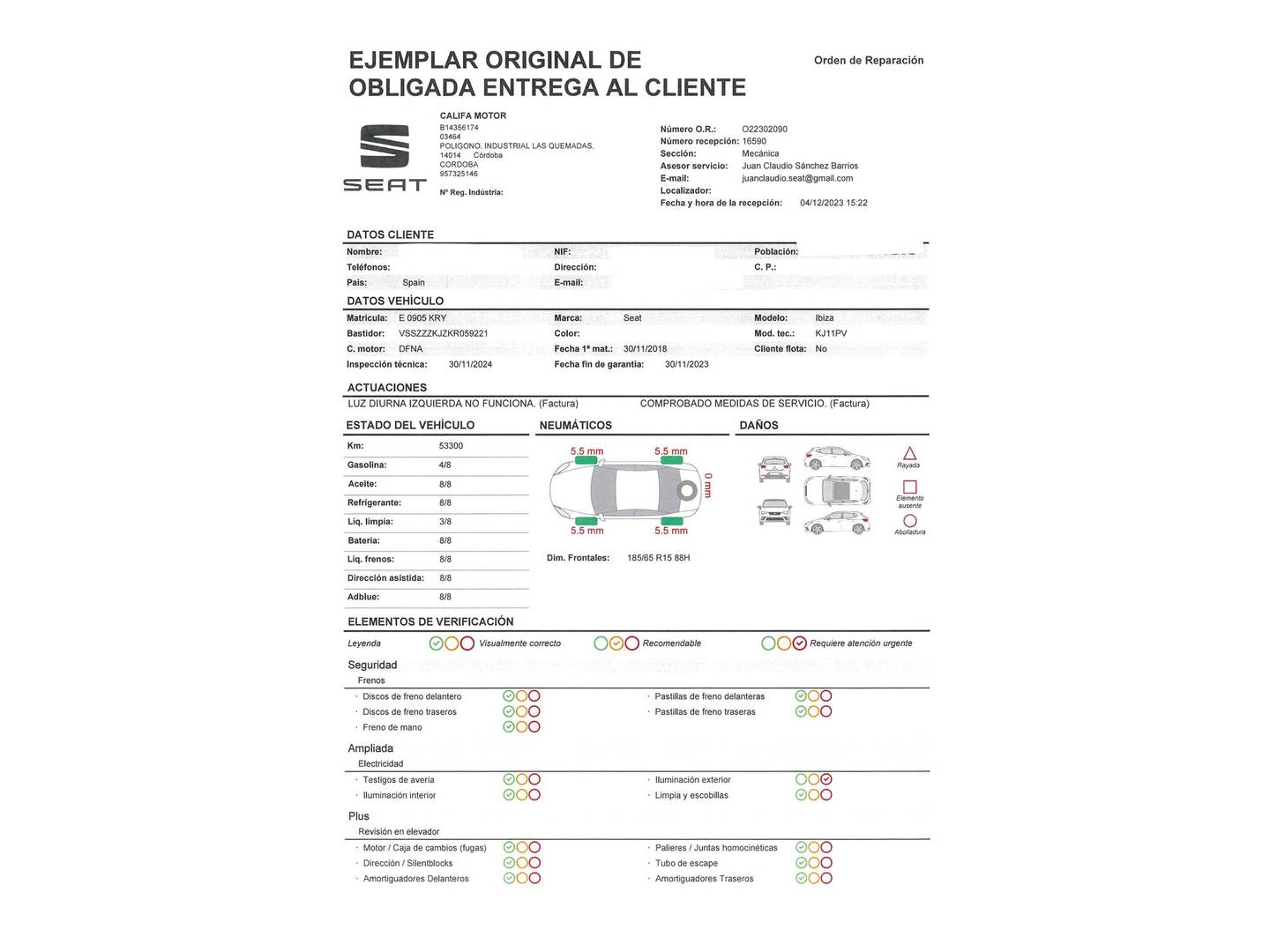 Foto del mantenimiento del Seat Ibiza Seat Ibiza 1.0 MPI Reference Plus (80 CV)