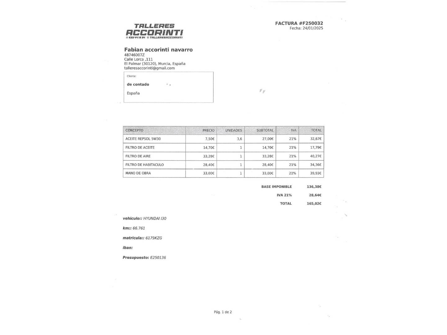 Foto del mantenimiento del Hyundai i30 Hyundai i30 1.0 TGDI Klass (120 CV)