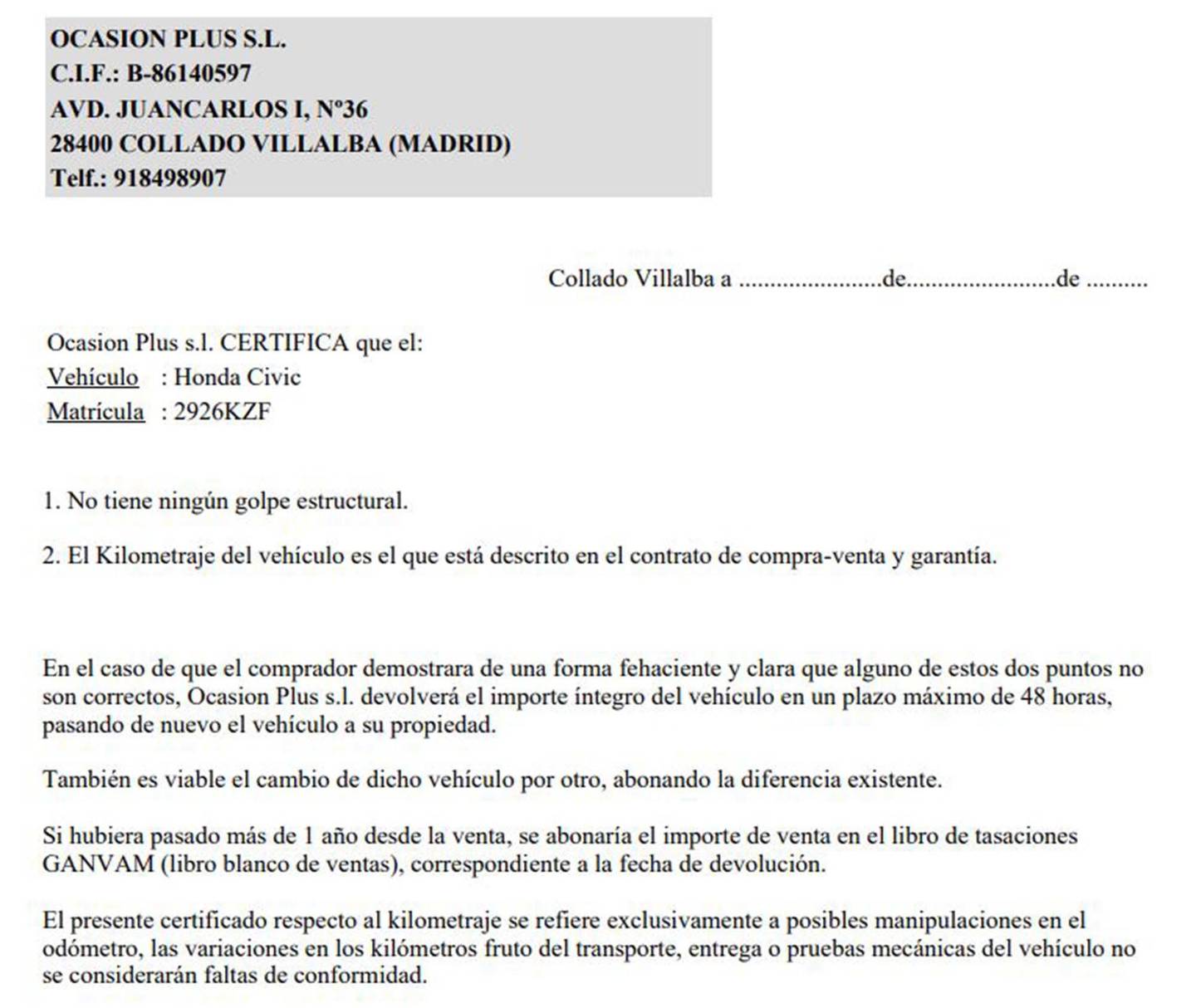 Foto del certificado del Honda Civic Honda Civic 1.0 I-VTEC Elegance CVT  (129 CV)