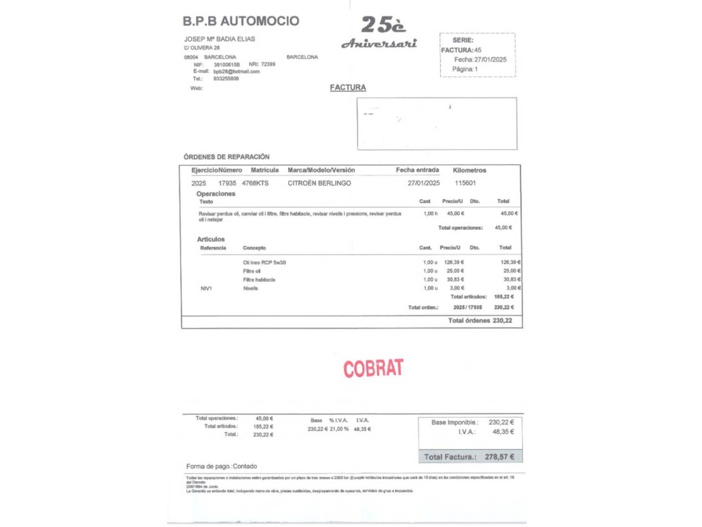 Foto del mantenimiento del Citroën Berlingo Citroen Berlingo BlueHDi 130 S&S Talla M Shine EAT8 XTR (130 CV)