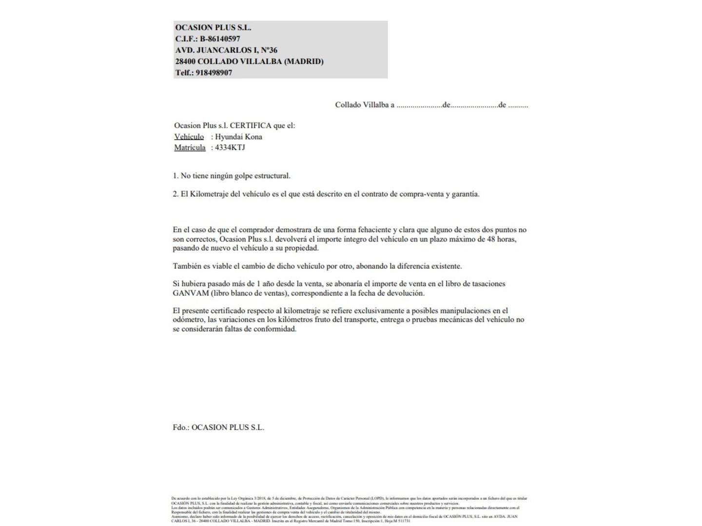 Foto del certificado del Hyundai Kona Hyundai Kona 1.0 TGDi Tecno Red 4x2 (120 CV)