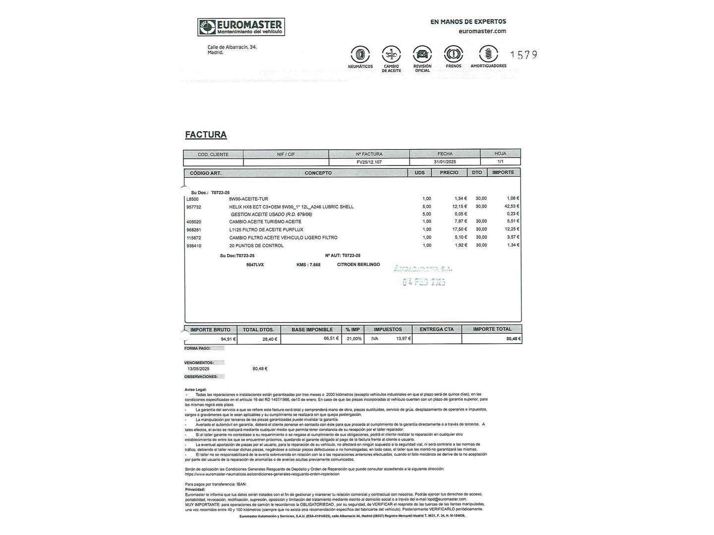 Foto del mantenimiento del Citroën Berlingo Citroen Berlingo Furgon BlueHDi 100 Talla M Control (102 CV)