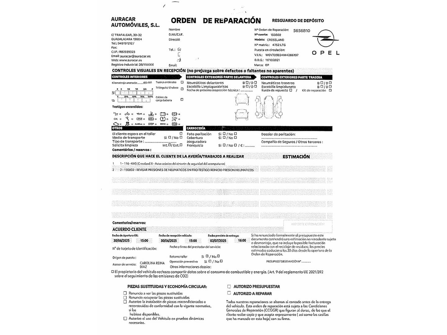 Foto del mantenimiento del Opel Crossland Opel Crossland 1.2 Edition (110 CV)