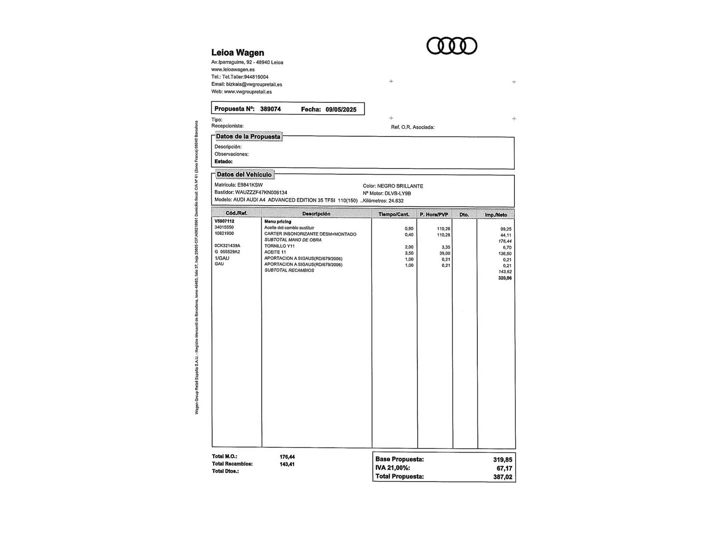 Foto del mantenimiento del Audi A4 Audi A4 Advanced 35 TFSI (150 CV) S tronic