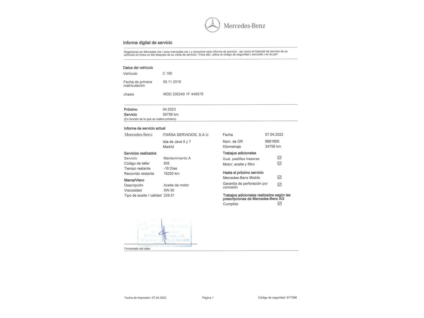 Foto del mantenimiento del Mercedes Clase C Mercedes Clase C Estate 180 (156 CV)
