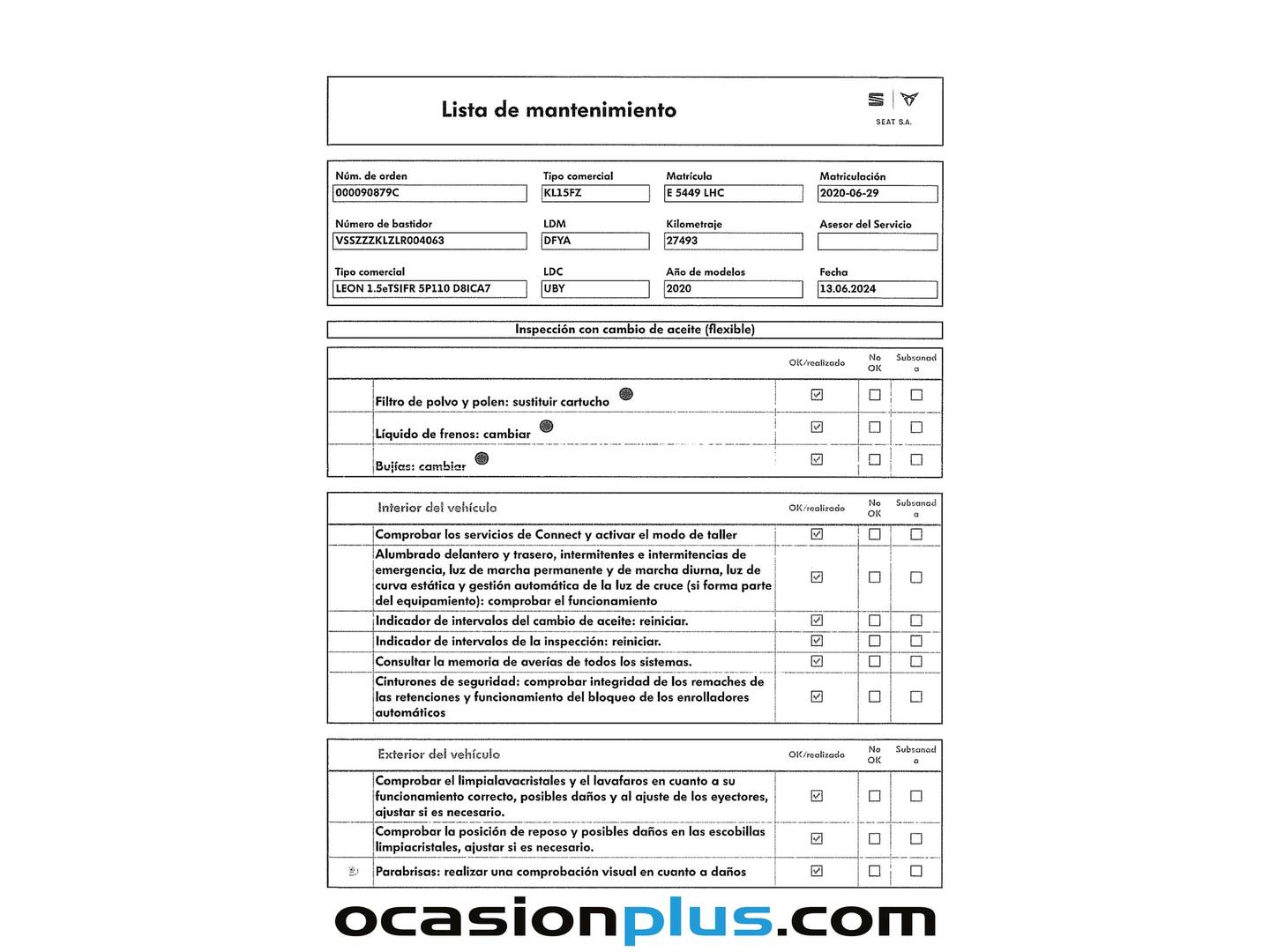 Foto del mantenimiento del Seat León SEAT León 1.5 eTSI S&S FR Launch Pack L DSG (150 CV)