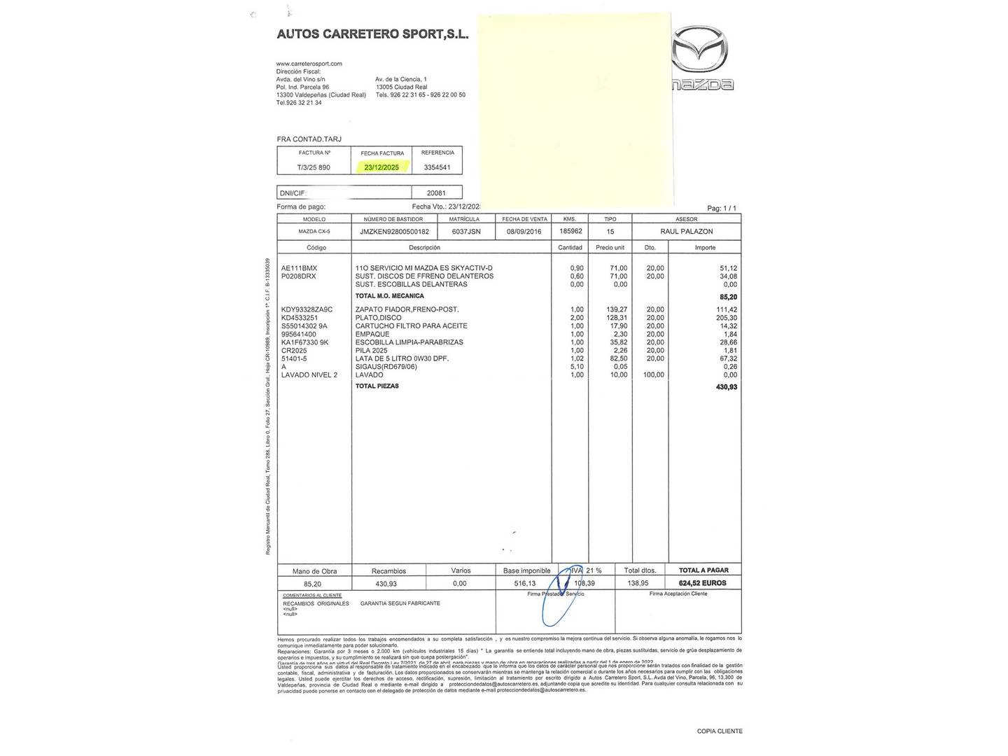 Foto del mantenimiento del Mazda CX-5 Mazda CX-5 2.2 DE Luxury + Premium + Travel + SunRoof 4WD Auto (175 CV)