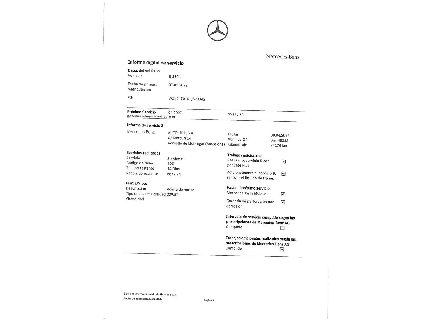 Foto del mantenimiento del Mercedes Clase B Mercedes Clase B B 180 d (116 CV)