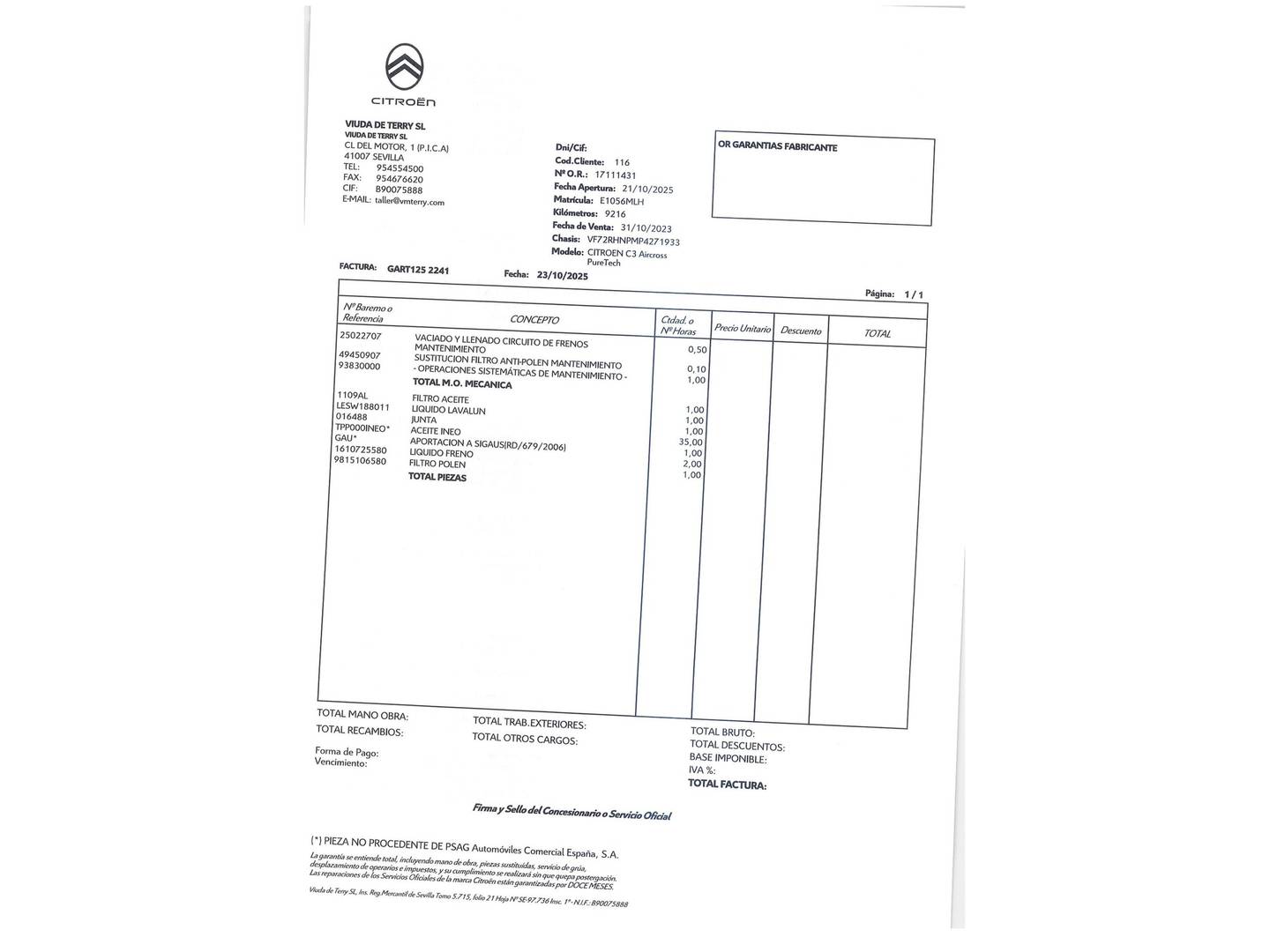 Foto del mantenimiento del Citroën C3 Aircross Citroën C3 Aircross PureTech 110 S&S You (110 CV)