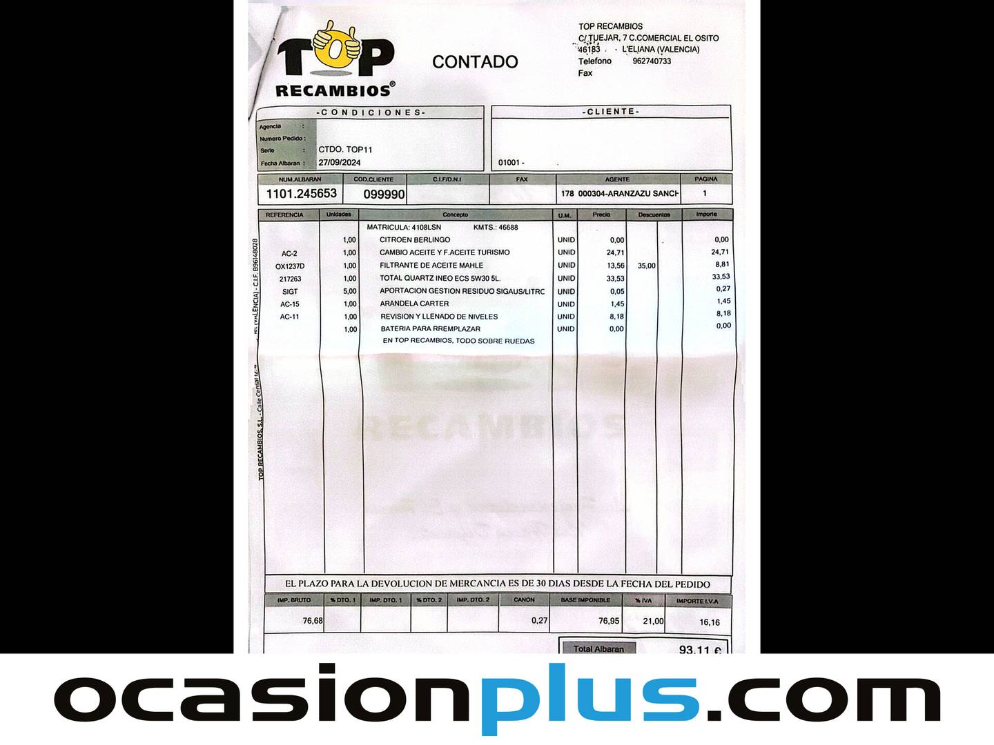 Foto del mantenimiento del Citroën Berlingo Citroën Berlingo BlueHDi 100 S&S Talla M Feel (102 CV)