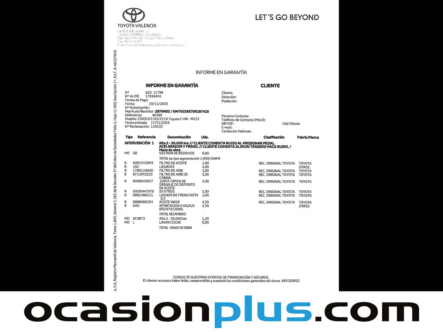 Foto del mantenimiento del Toyota C-HR Toyota C-HR 180H Advance (184 CV)