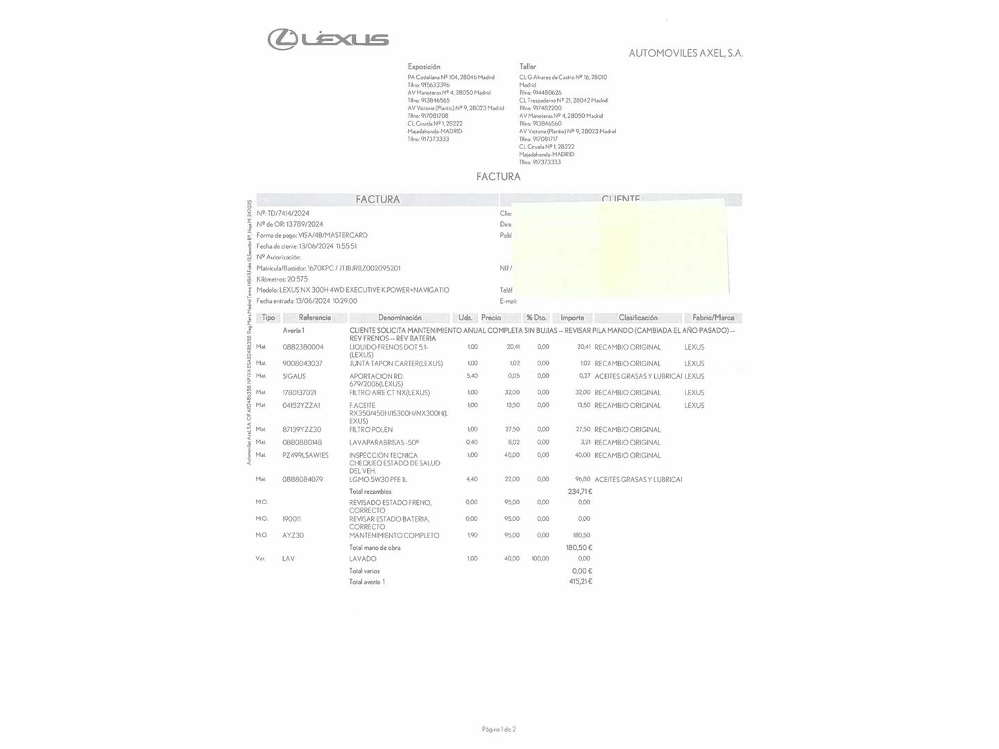 Foto del mantenimiento del Lexus NX Lexus NX NX 300h Luxury 4WD (197 CV)