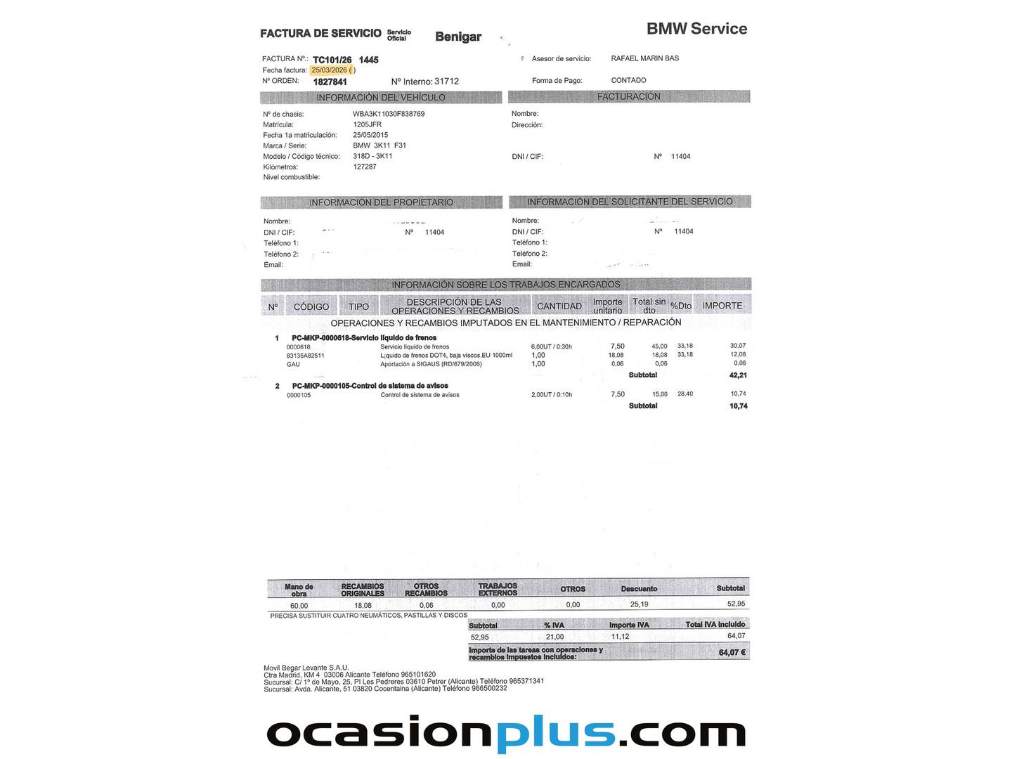 Foto del mantenimiento del BMW Serie 3 BMW Serie 3 318d Touring (143 CV)