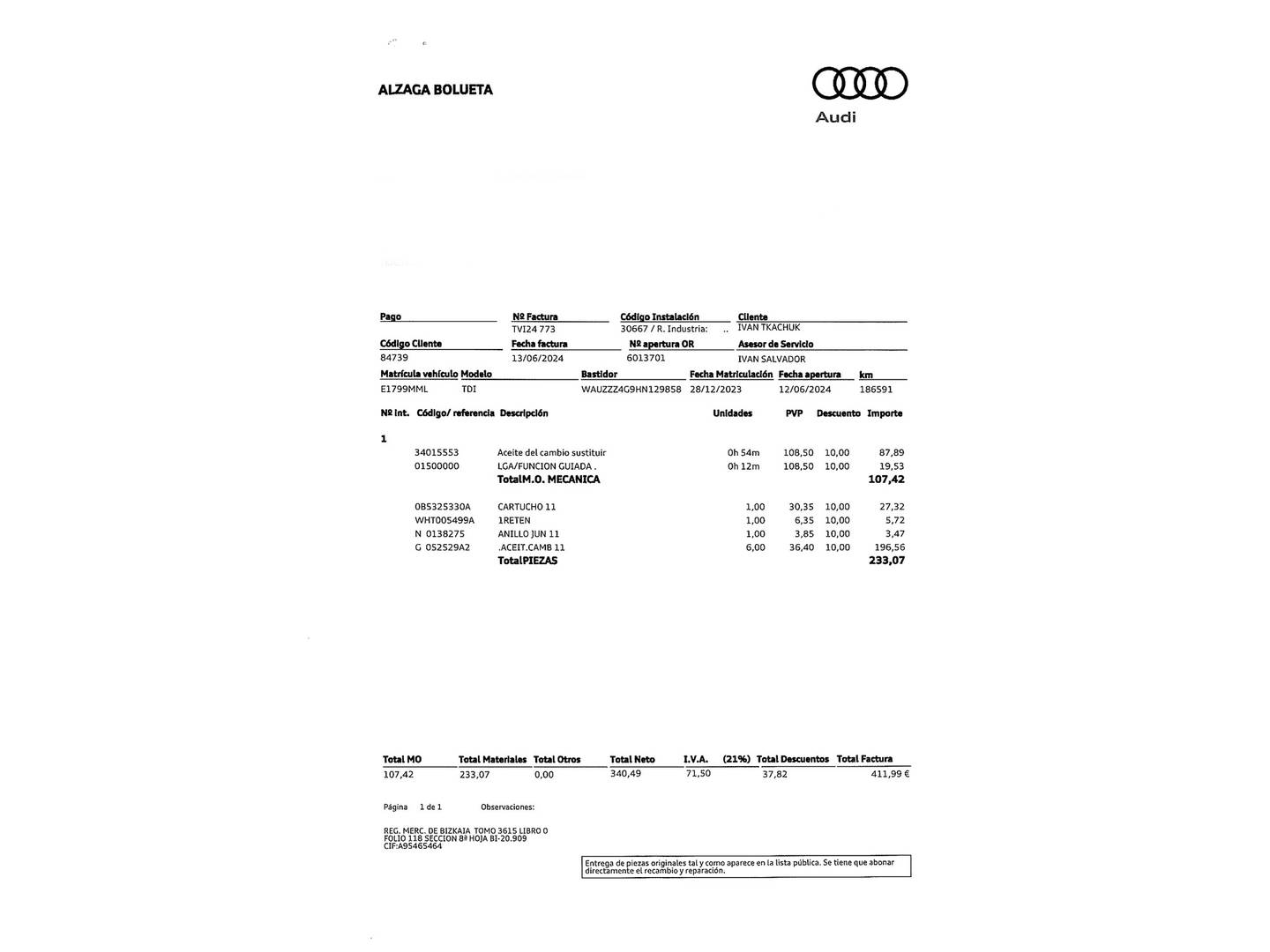 Foto del mantenimiento del Audi A6 Audi A6 Avant Black line edition 3.0 TDI quattro (272 CV) S tronic